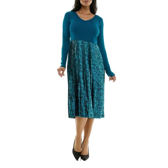 Nina Leonard Womens Long Sleeve Mixed Media Dress Teal Multi Size Small - Picture 14 of 15
